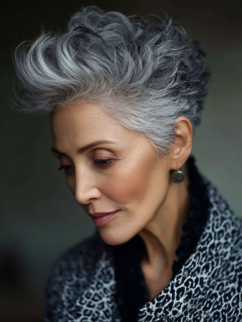 Older woman with a voluminous silver pixie swept upward and to the side