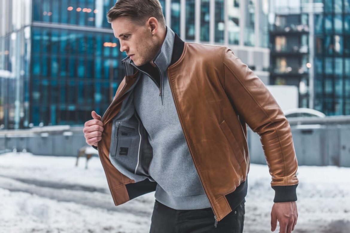 Man wearing a winter bomber jacket in a street style look