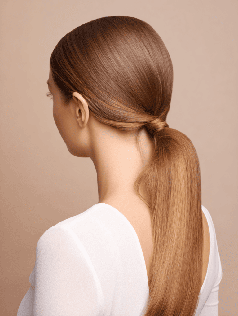 Sleek polished low ponytail worn at the nape for a formal occasion