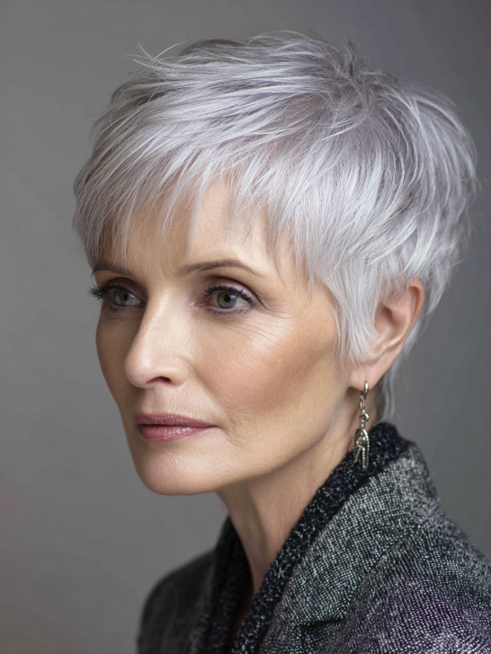 Older woman with a neat short silver pixie and a lightly textured crown