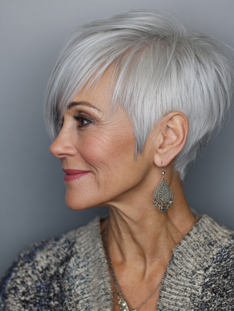 Older woman with a polished silver pixie and a long side-swept fringe