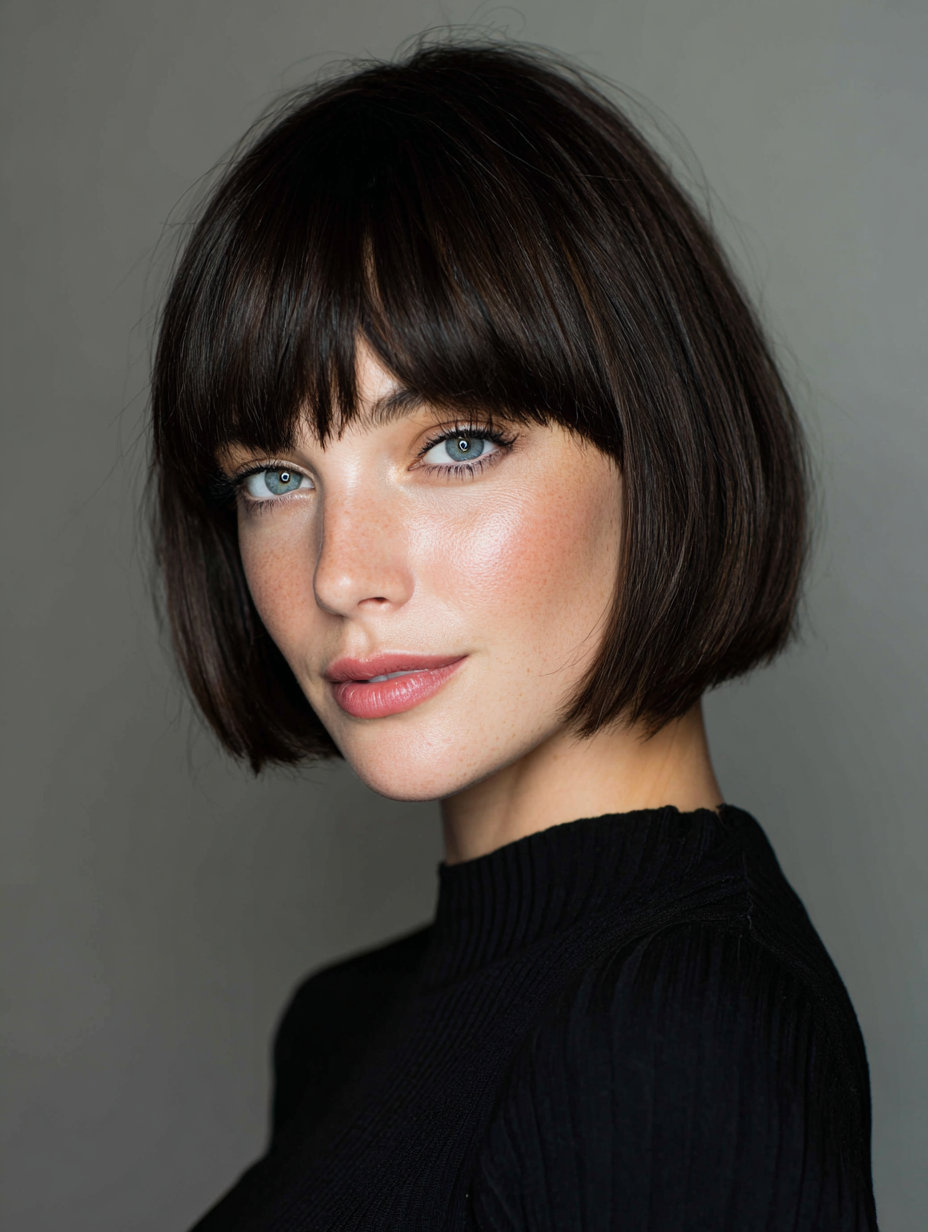 Short layered bob with curtain bangs framing the face