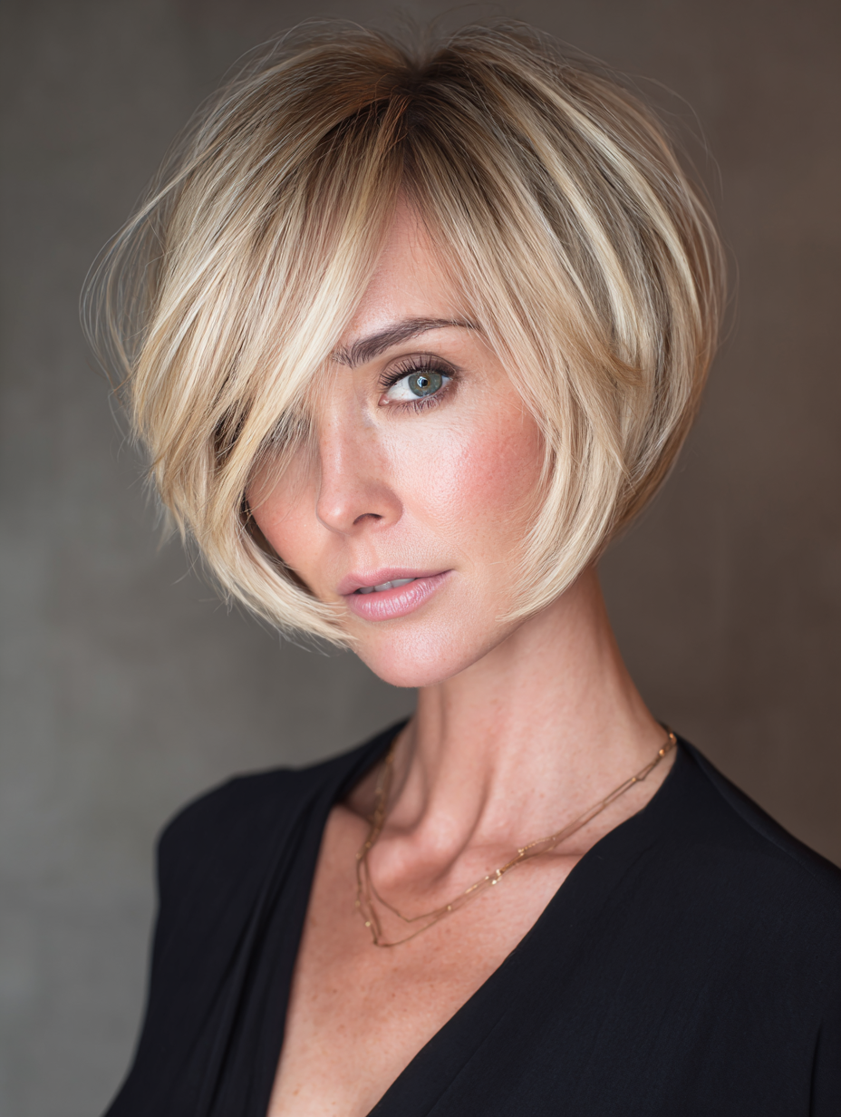 Blonde layered bob with a side-swept fringe