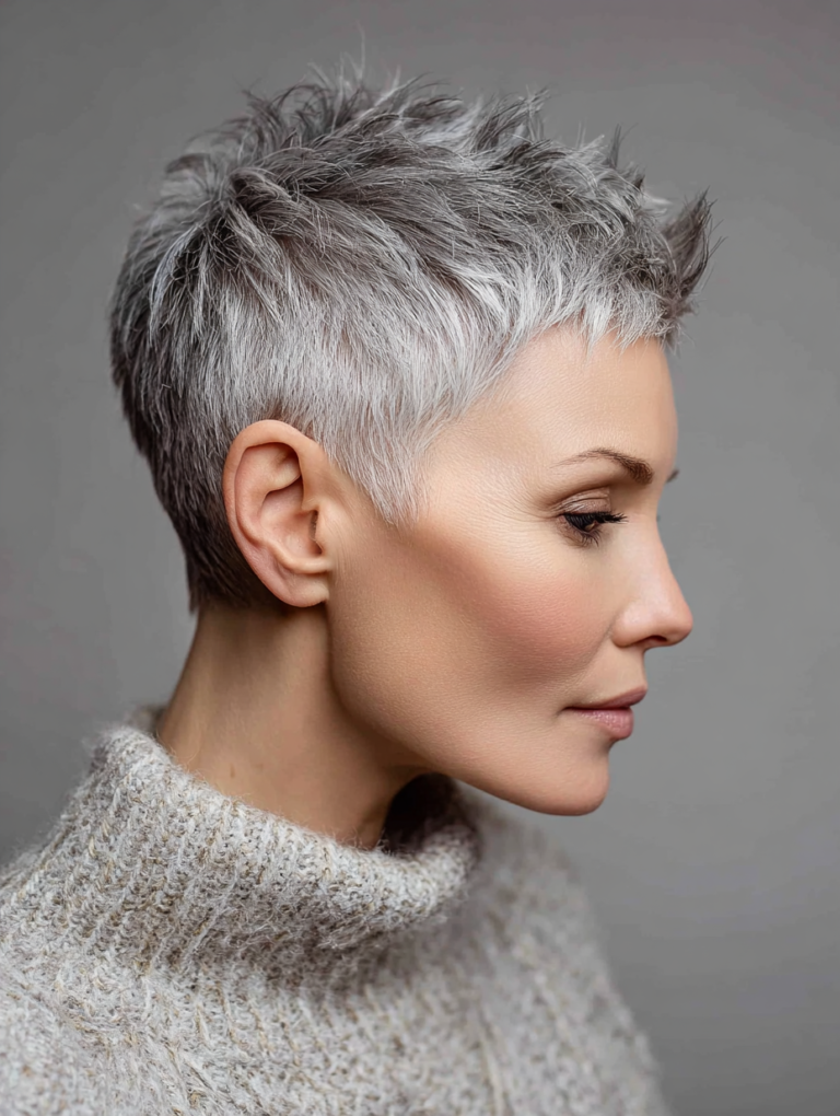 Gray bixie haircut with piecey texture