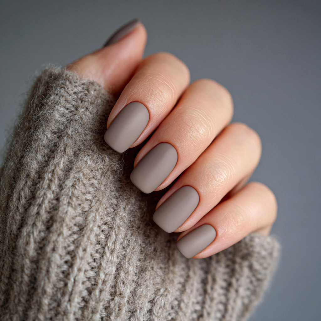 Short squoval nails in warm taupe greige with matte finish