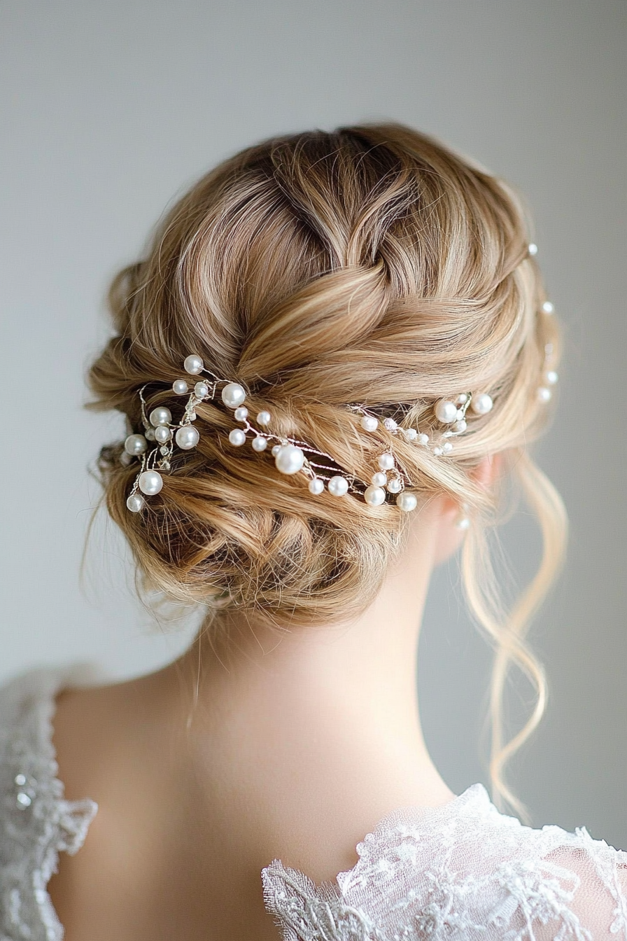 Braided updo decorated with a pearl hair vine