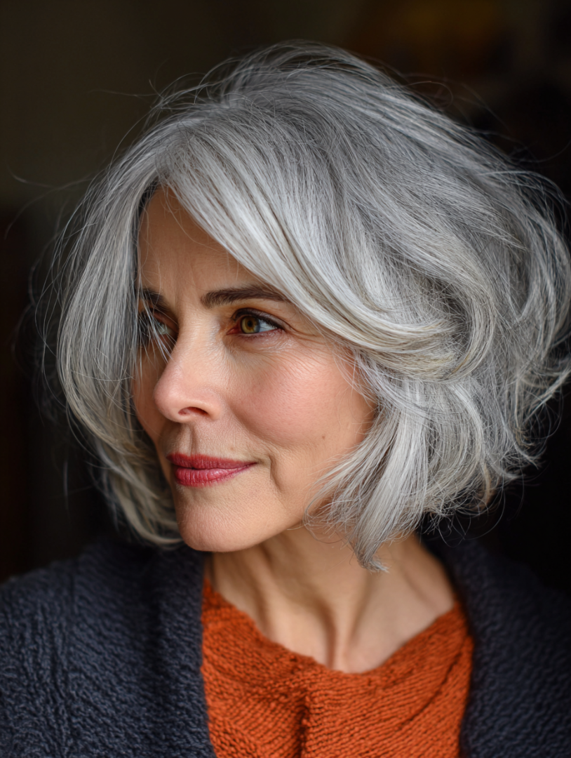 Older woman with a silver tousled bob and side-swept bangs
