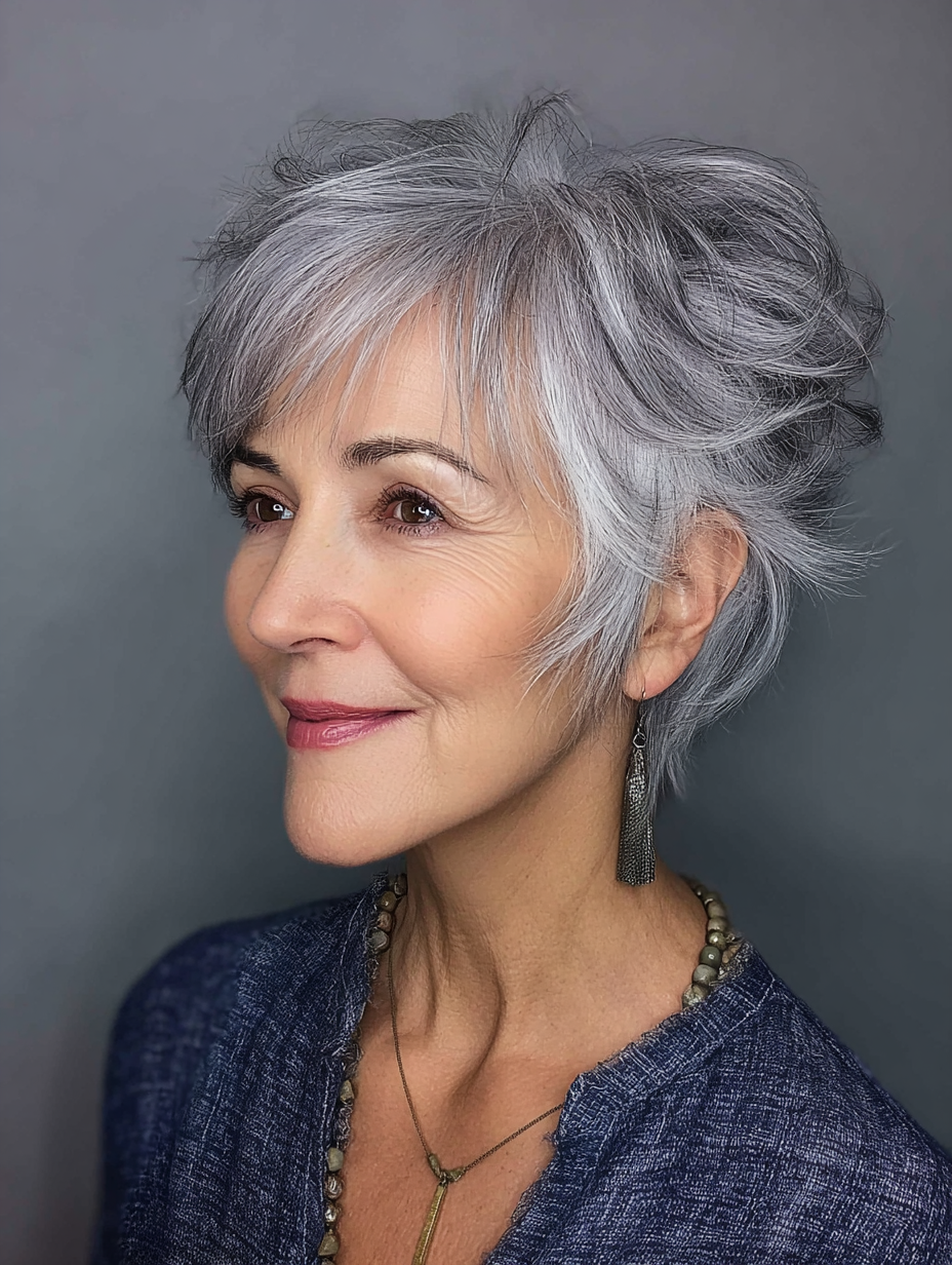 Older woman with a soft white feathered chin-length bob