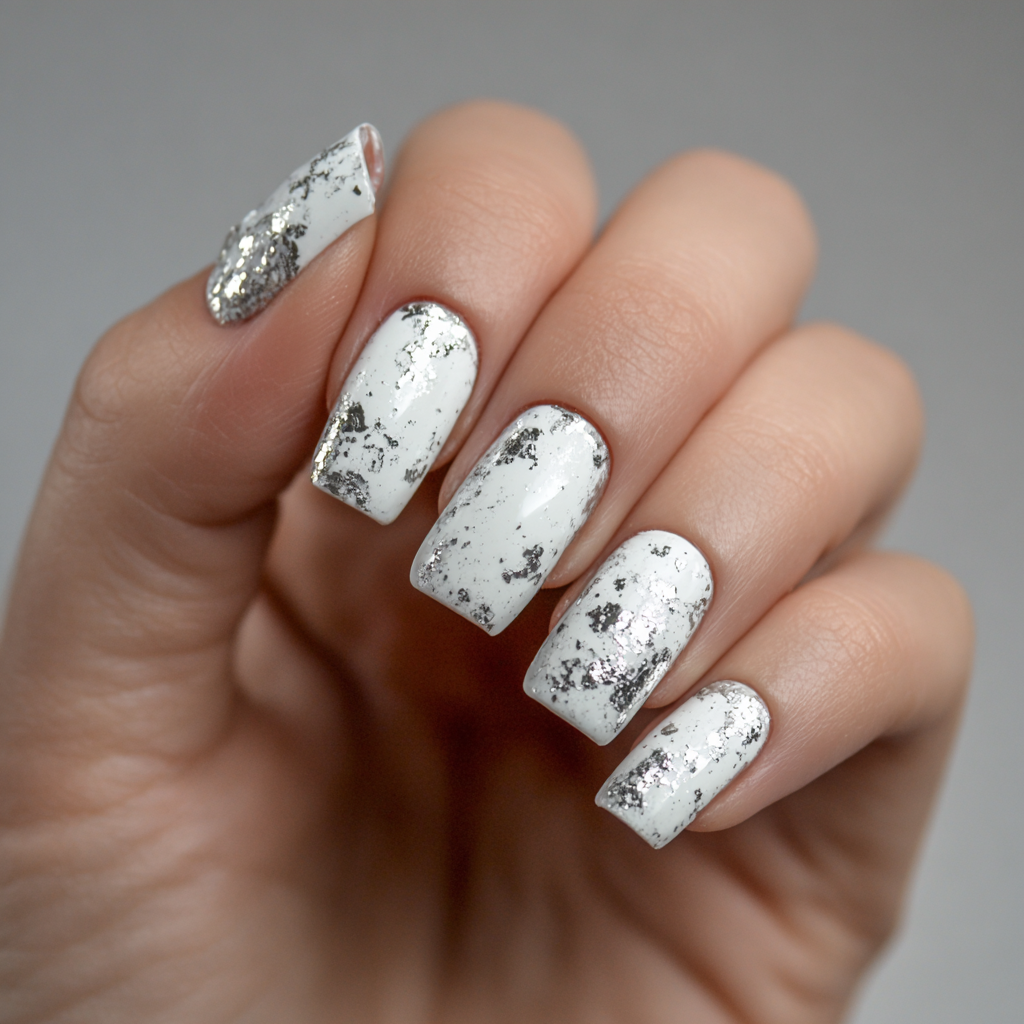 Short square winter white nails with scattered silver foil flakes under a glossy finish