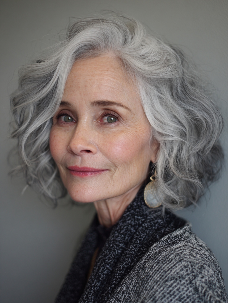 Grey white wavy lob on a mature woman