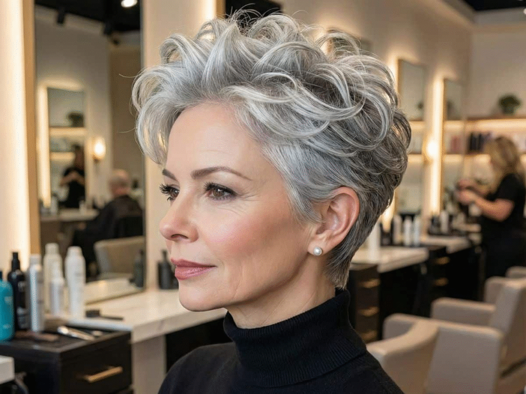 Silver pixie haircut with soft tapered edges worn by an older woman