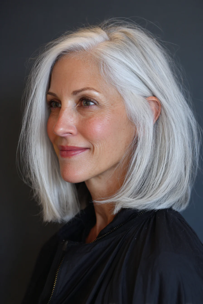 Sleek silver white blunt bob on a mature woman