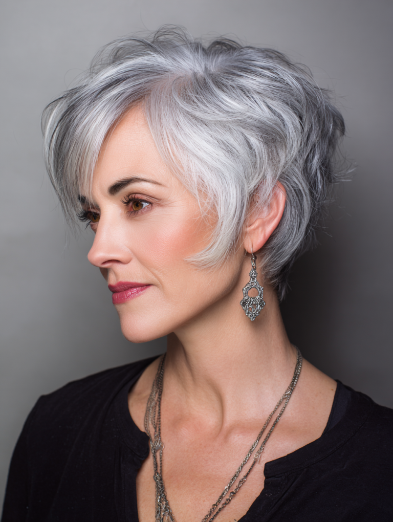 Older woman with a chin-length bob with ash-brown lowlights