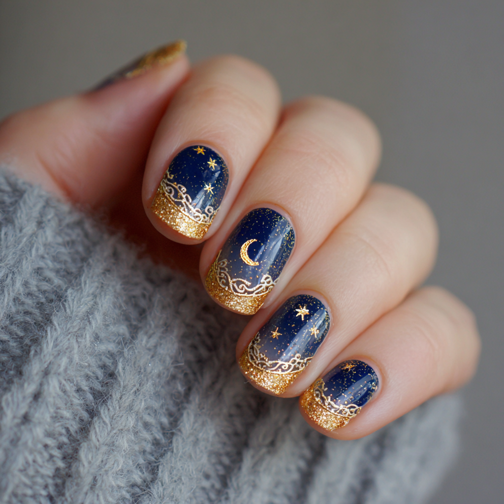 Navy starry night nails with gold glitter French tips, moon and stars