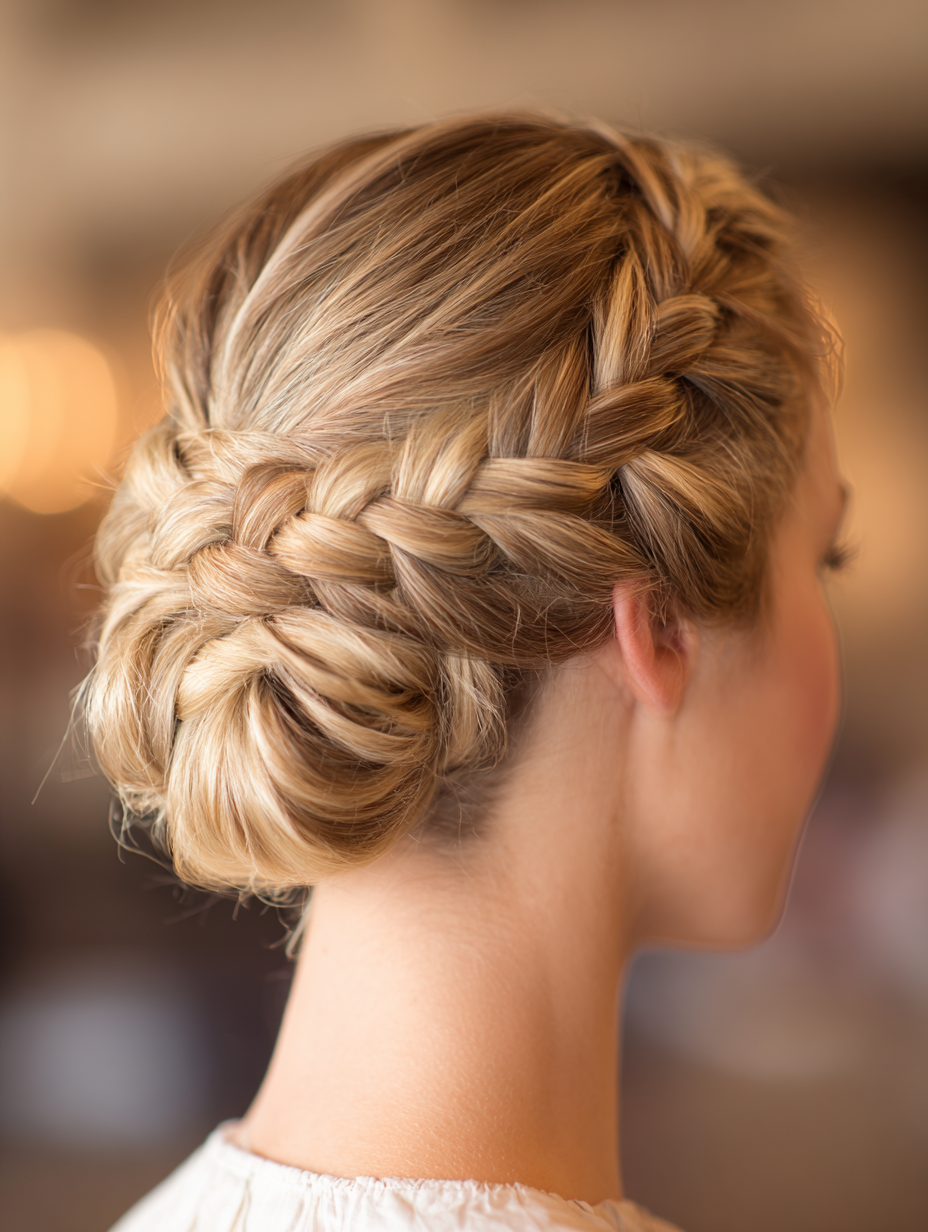 Woman with a chignon wrapped with a thin braid