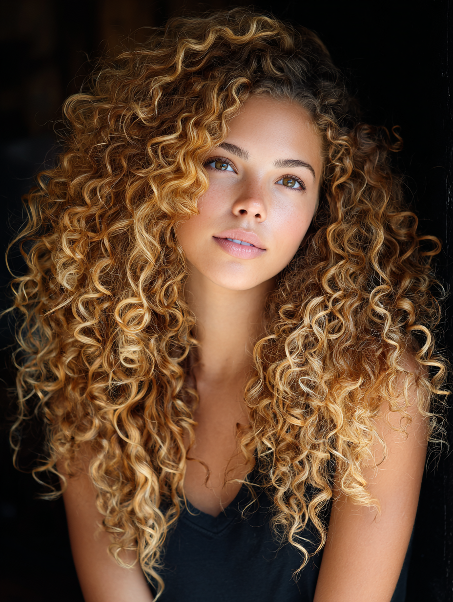 Honey blonde highlights on voluminous curly hair