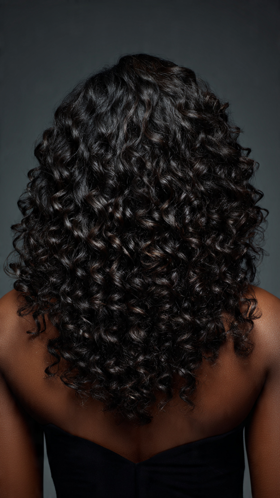 Long layered curly hair in glossy espresso black with high shine