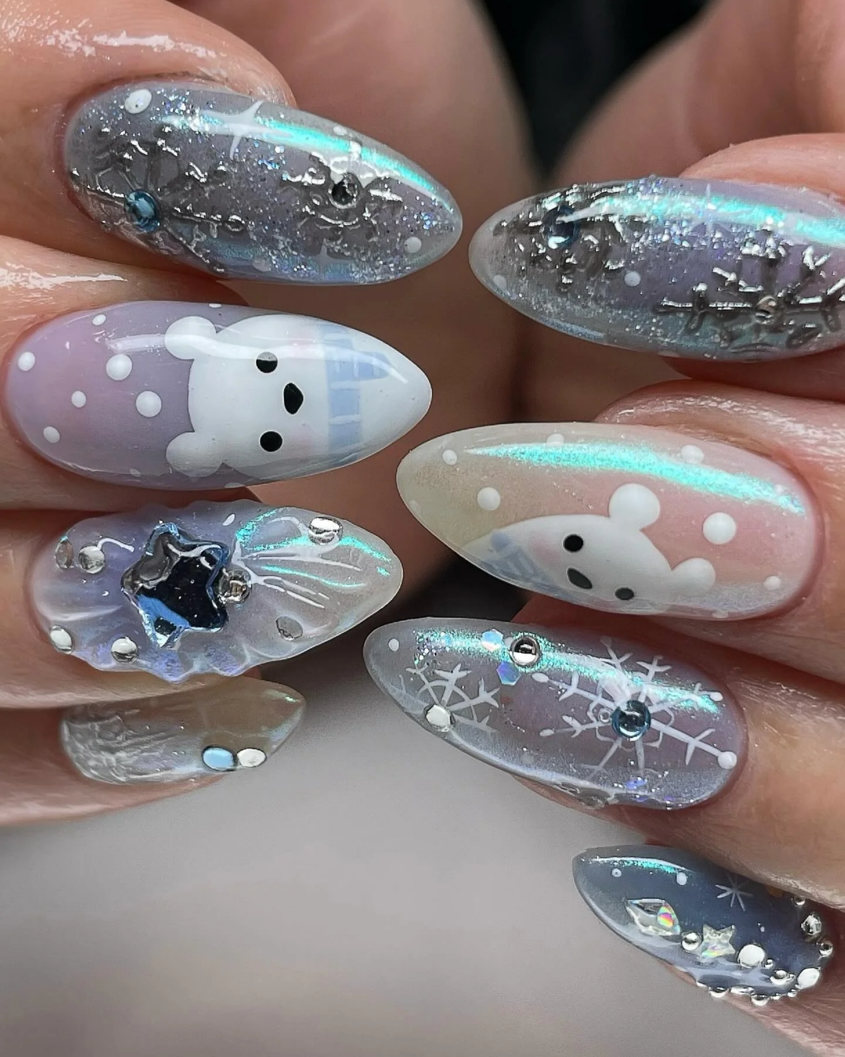 Polar bear faces with frosted snowflake chrome