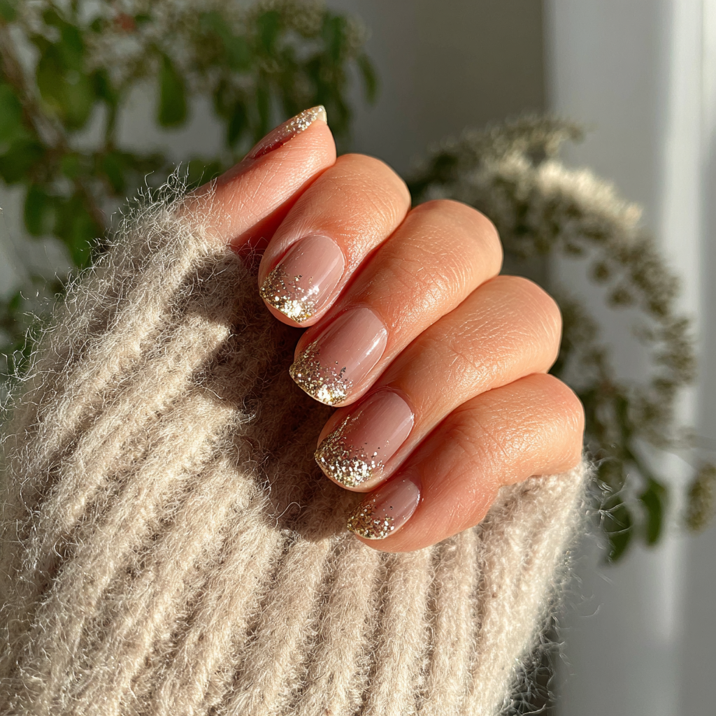 Short oval nude nails with gold glitter fade tips