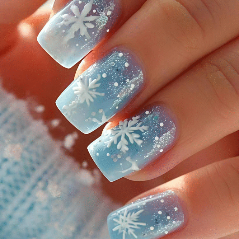 Icy blue nails with white snowflake nail art and glitter