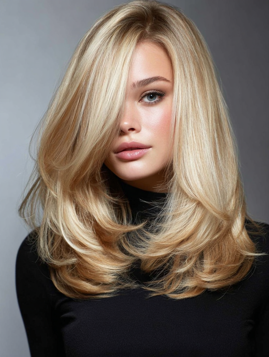Voluminous champagne blonde blowout on medium-long layered hair