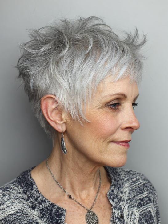 Silver textured pixie haircut with piecey layers on an older woman