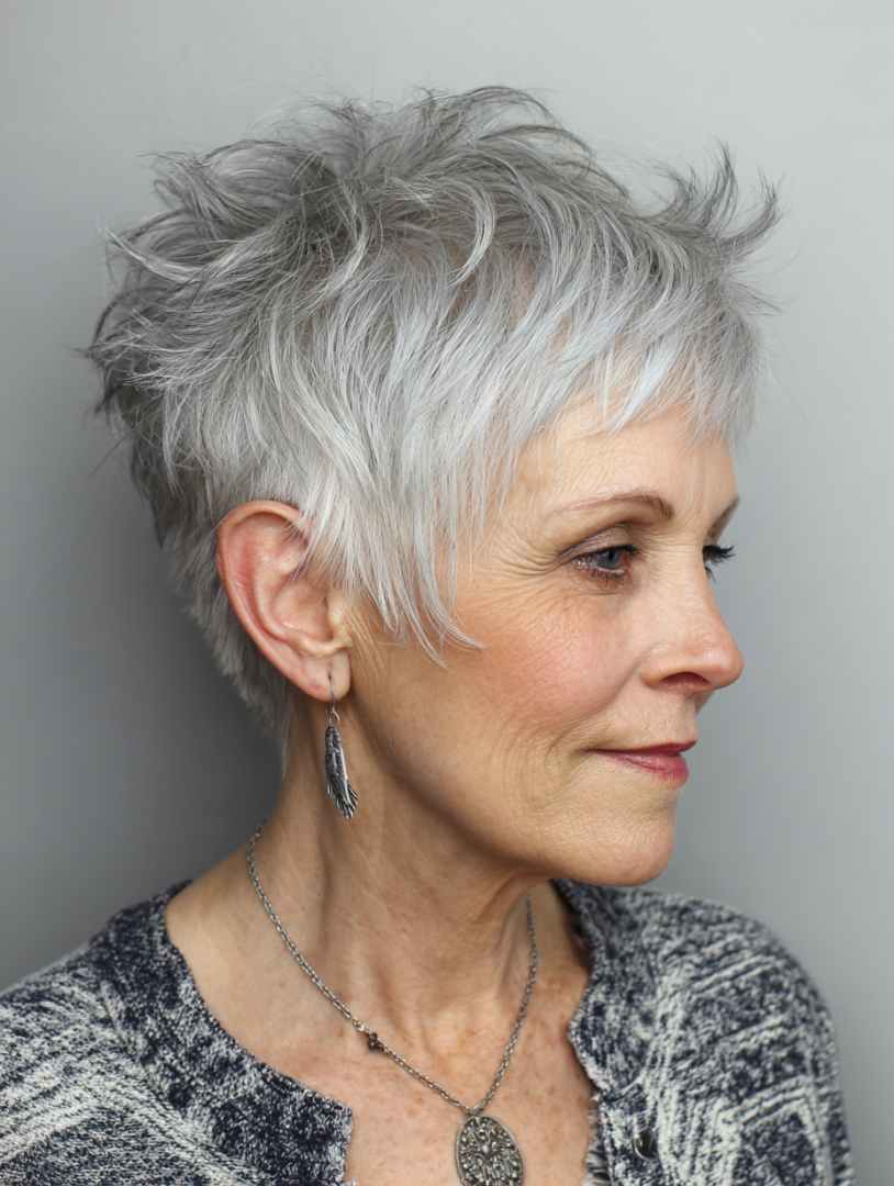 Older woman with a pearl-gray pixie haircut with a long fringe