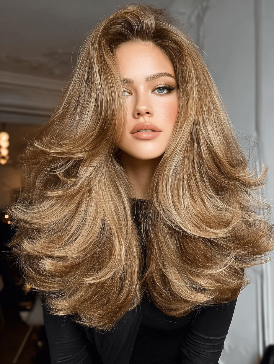 Voluminous layered blowout with caramel blonde dimension