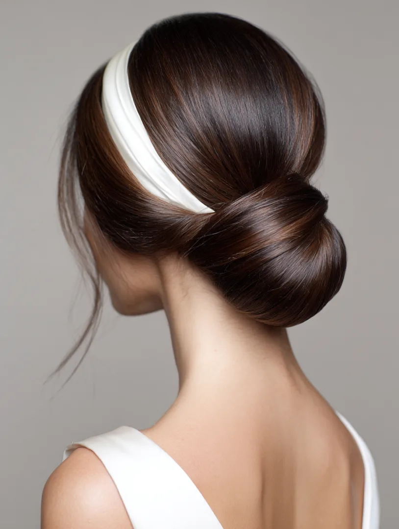 Back view of a sleek dark low bun with an ivory satin headband