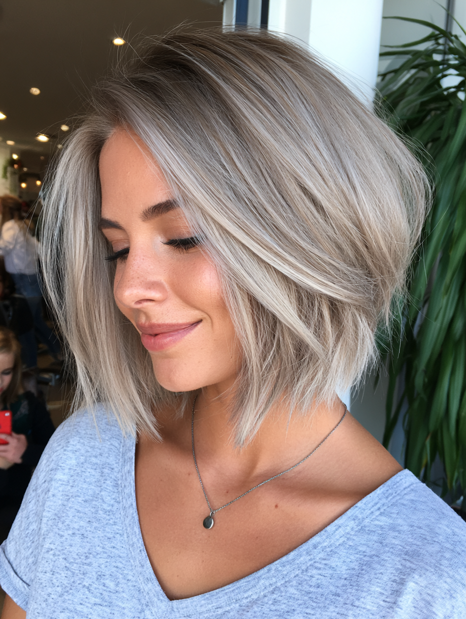 Ash blonde chin-length stacked bob with a deep side sweep