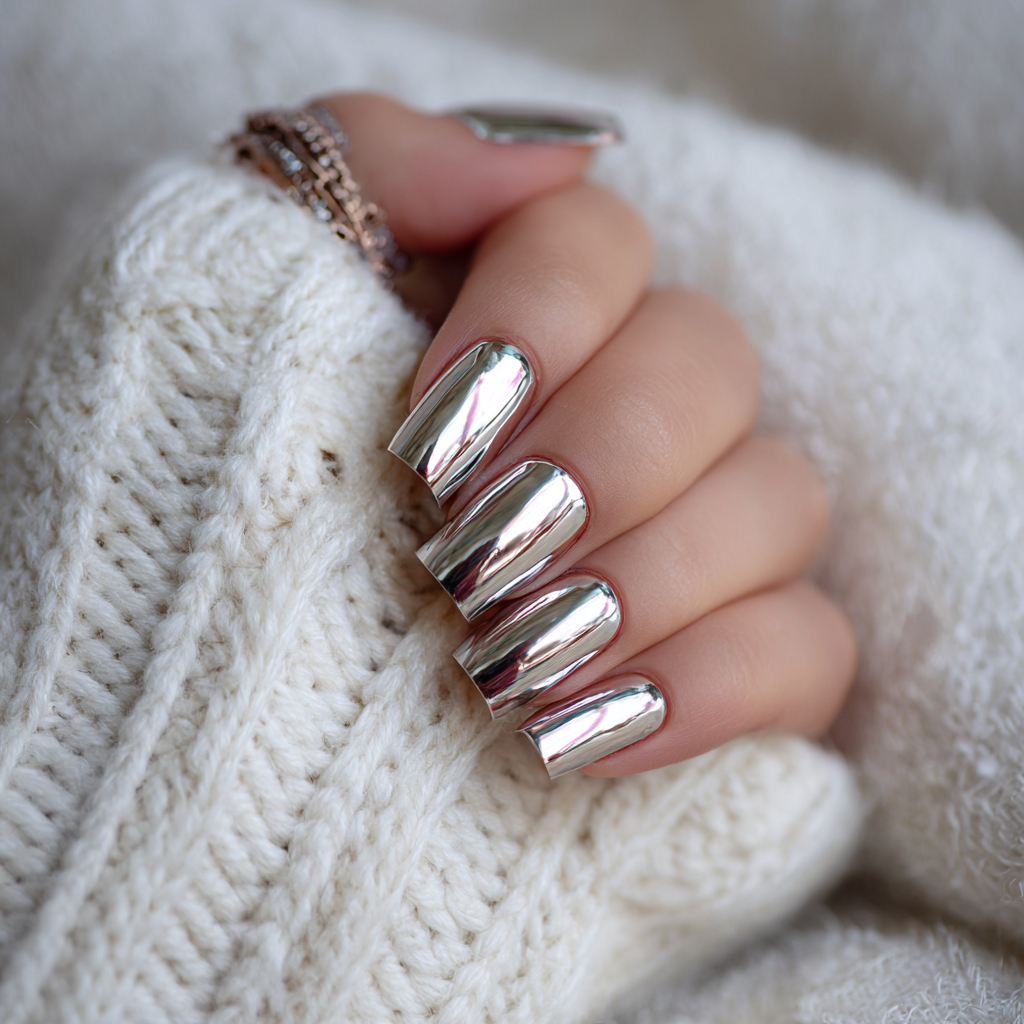 Square nails in full silver mirror chrome with a liquid-metal shine