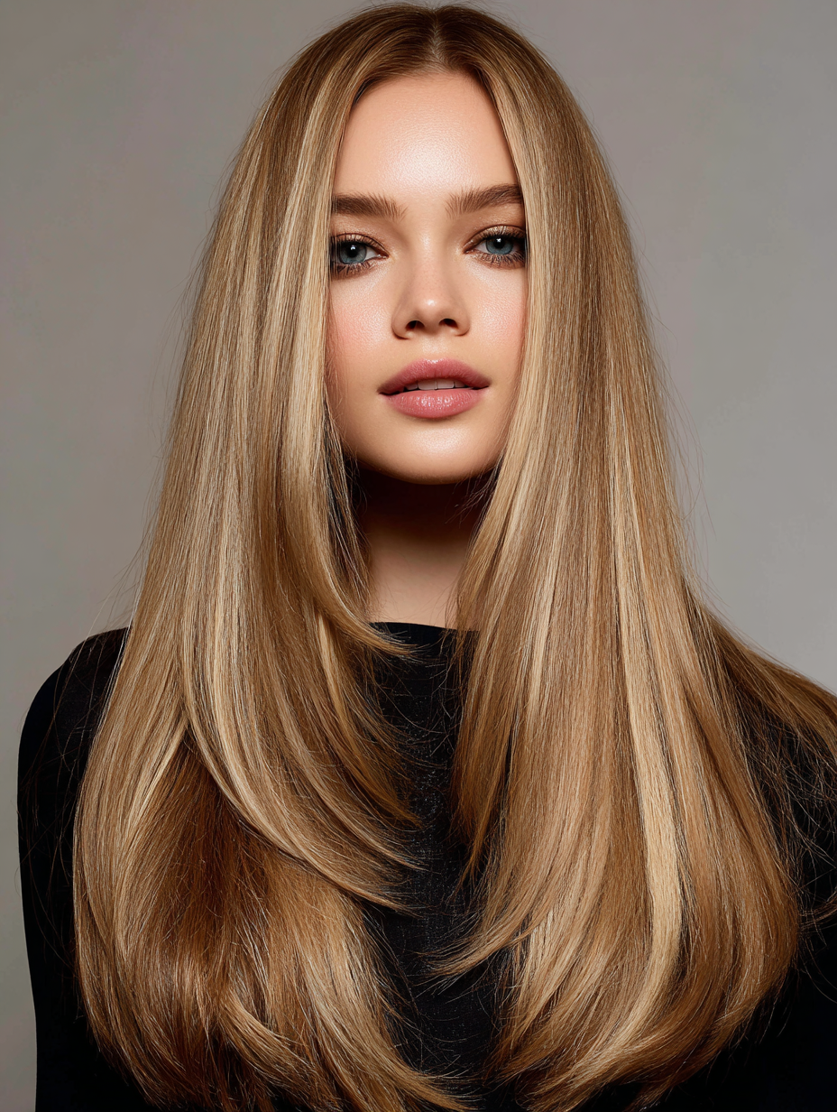 Sleek long straight honey-blonde hair with a center part