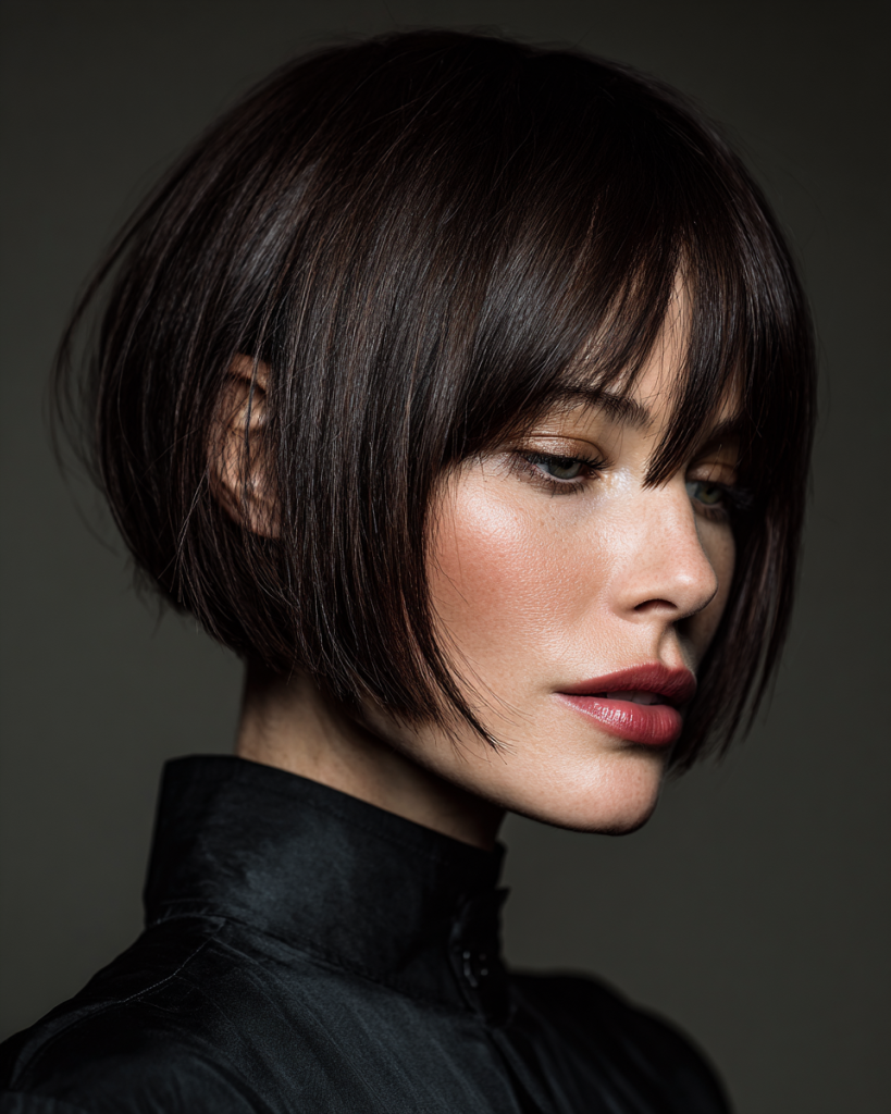 Espresso brown rounded bob with wispy bangs