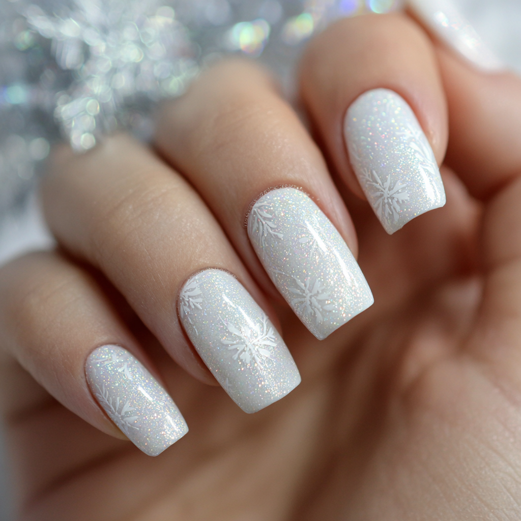 Close-up of a frosted, shimmery white square manicure with delicate white snowflake nail art on each nail; real photography.