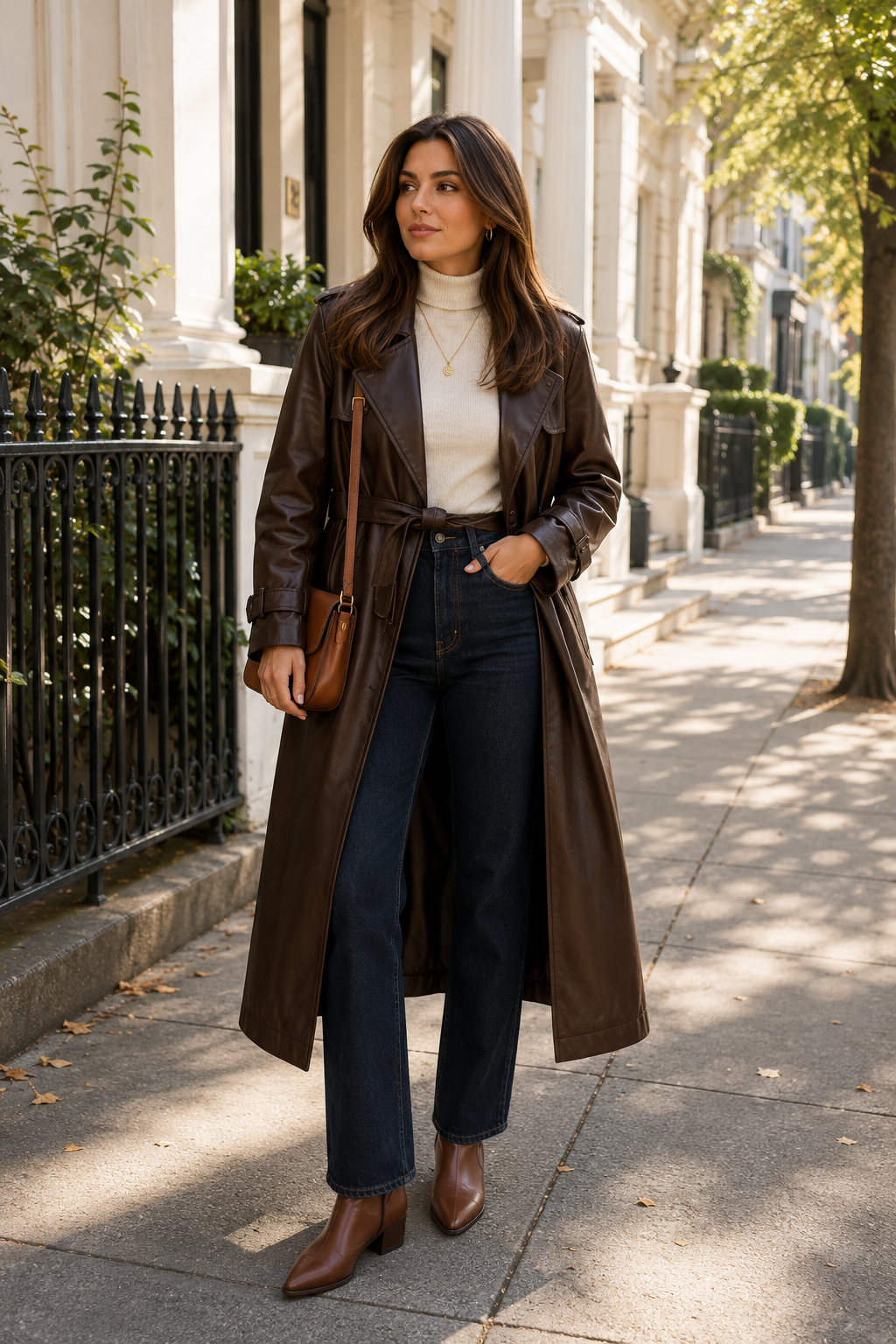 A dark brown leather trench coat over a cream turtleneck, dark jeans, brown boots and a tan crossbody bag.