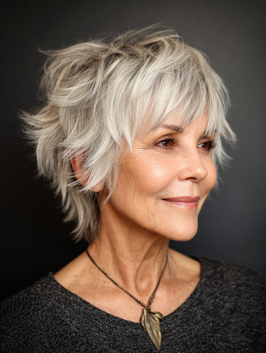 Older woman with a shaggy silver pixie and full bangs