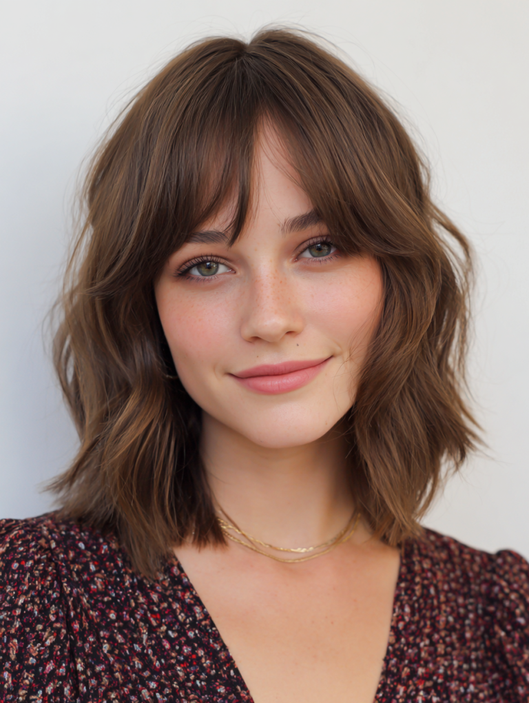 Wavy lob with curtain bangs