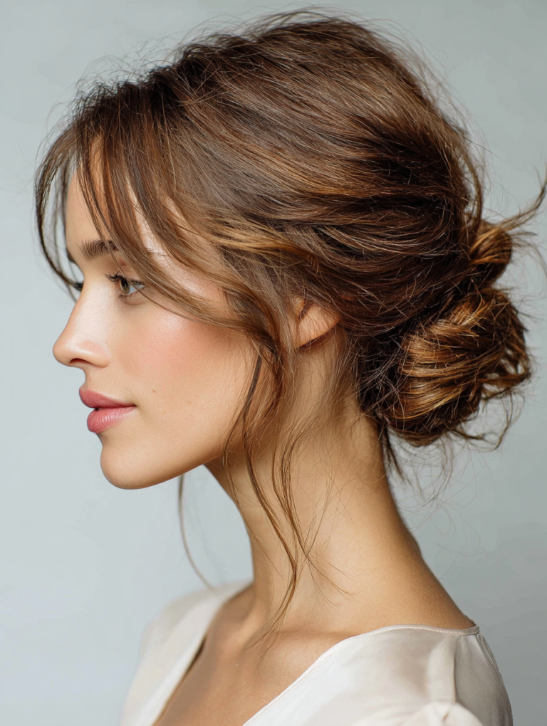 Side profile of a woman with a low side bun and loose waves