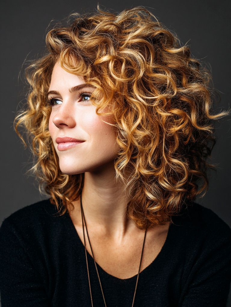 Golden honey blonde curly hair