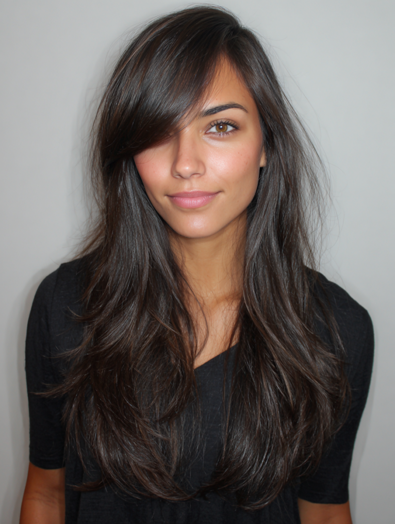 Long dark hair with side-swept bangs