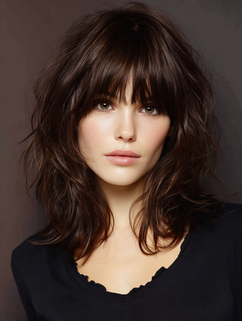 Dark shaggy lob with textured bangs