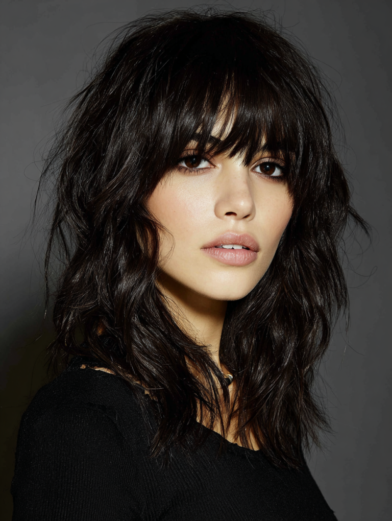 Dark shag haircut with bold statement bangs