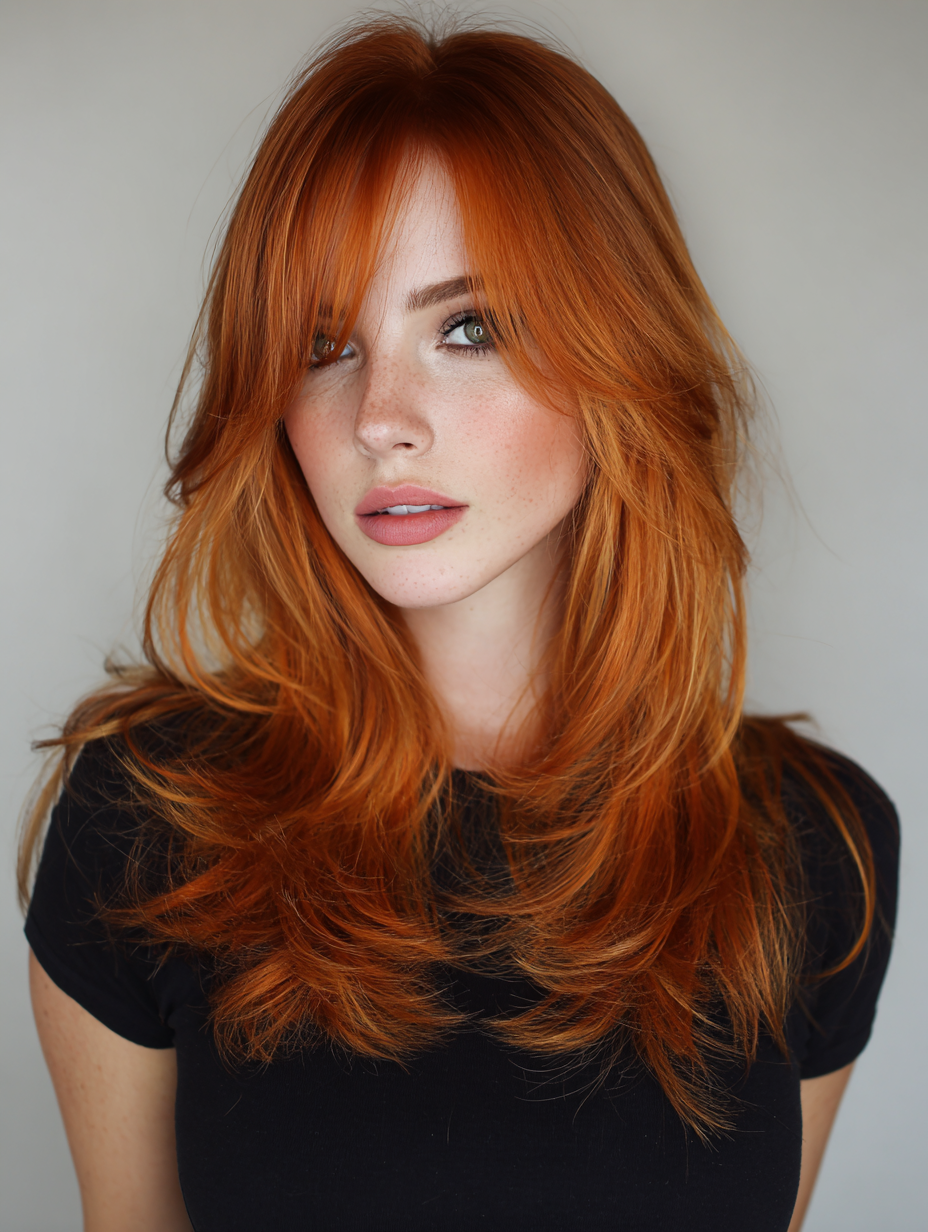 Long bright orange-copper hair with curtain bangs and layers
