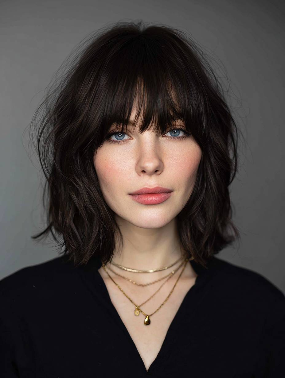 Dark wavy chin-length bob with straight-across bangs
