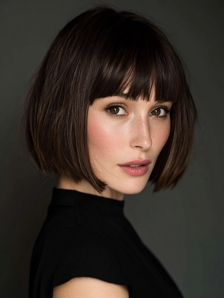 Dark brown French bob with full bangs