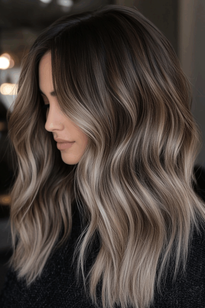 Long wavy mushroom brown balayage