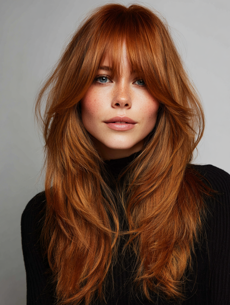 Woman with a red shag haircut and textured bangs