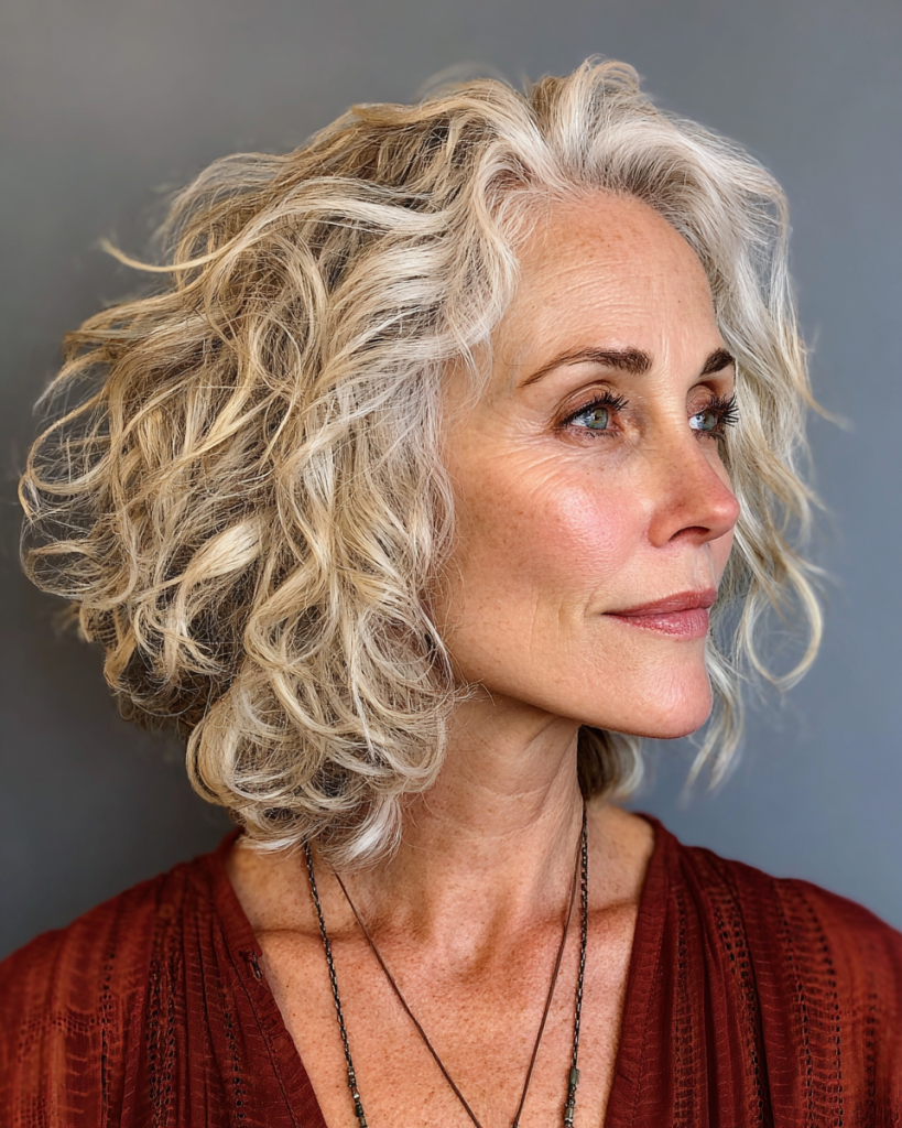 Curly shoulder-length layered haircut