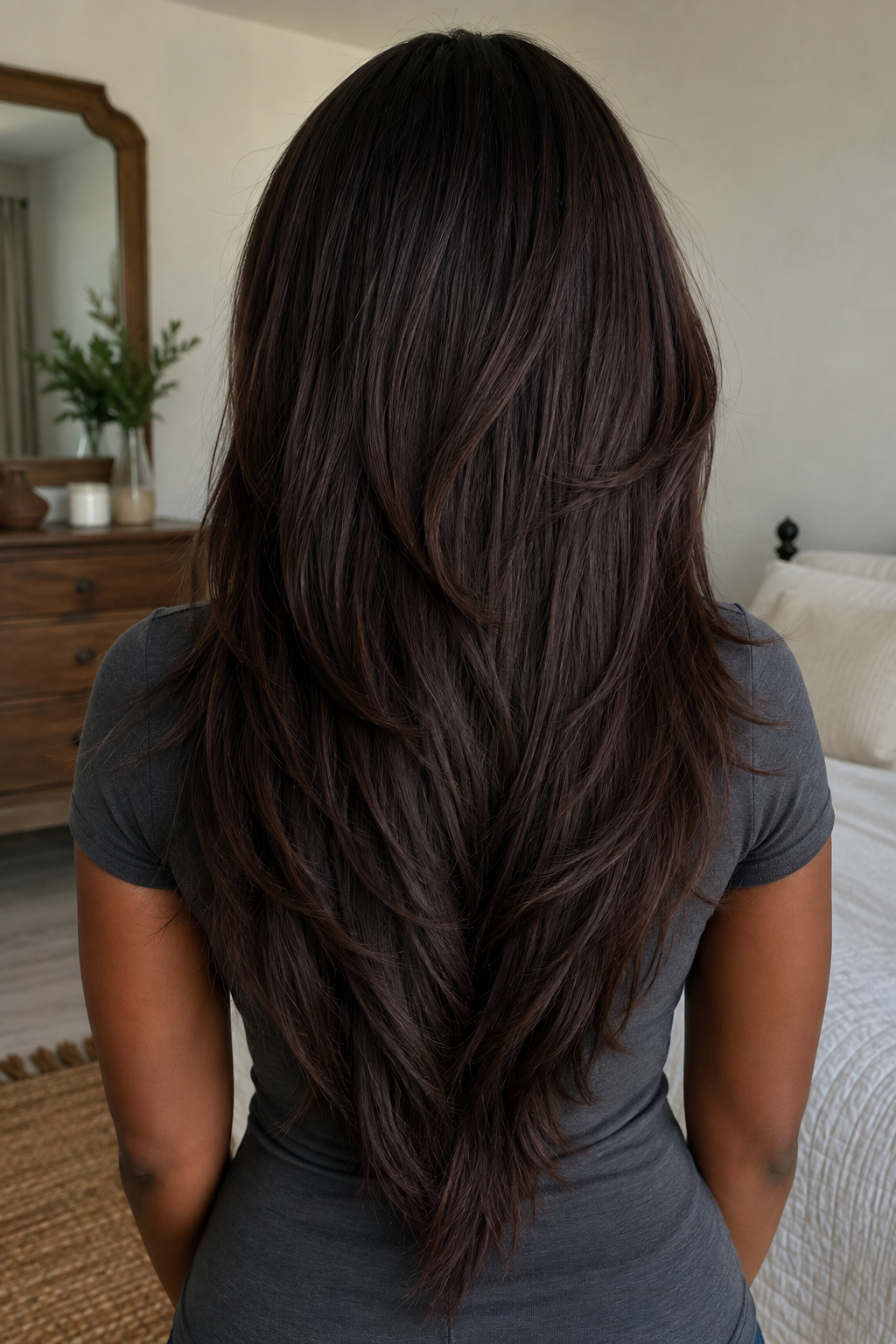 Back view of a V-cut haircut with long layers forming a V shape