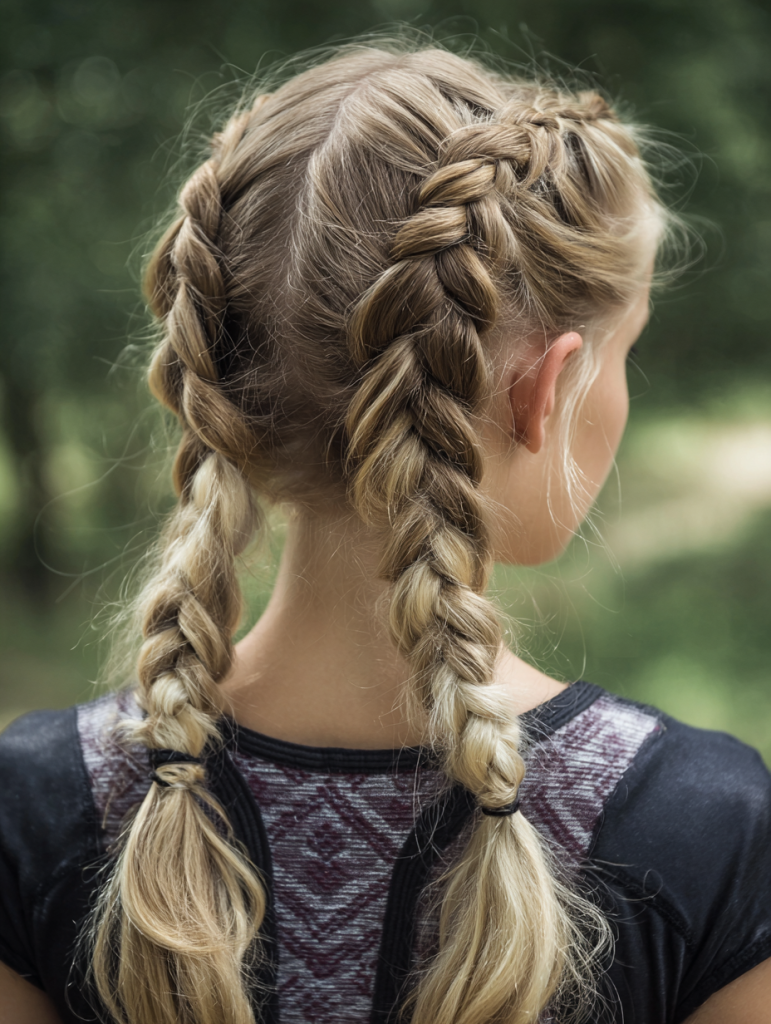 Back view of two Dutch braids with a precise center part